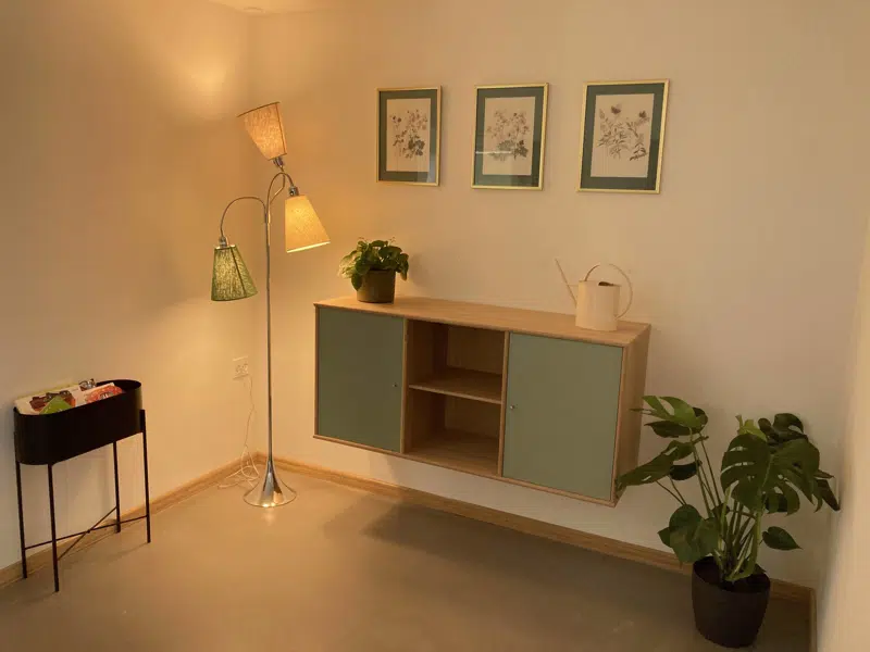 Et hjørne af et moderne og hyggeligt rum. På væggen hænger tre botaniske illustrationer i grønne rammer. Under billederne er der en væghængt skænk med grønne låger, hvorpå der står en grøn plante og en vandkande. Til venstre står en gulvlampe med tre skærme i forskellige farver, og i hjørnet til højre ses en stor grøn stueplante. I venstre side af billedet står et lille sort bord med opbevaringsmuligheder. Rummet fremstår lyst og indbydende med fokus på grønne nuancer og natur.