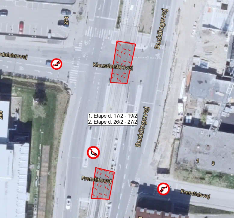 Kort, som viser de to etaper af arbejde på Klausdalsbrovej.