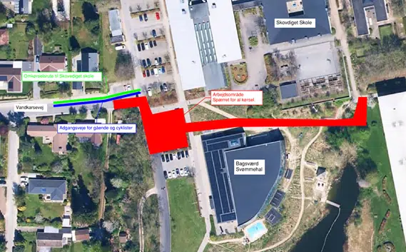 Kort over Fjernvarme og forsyningsarbejde ved Bagsværd Svømmehal.
