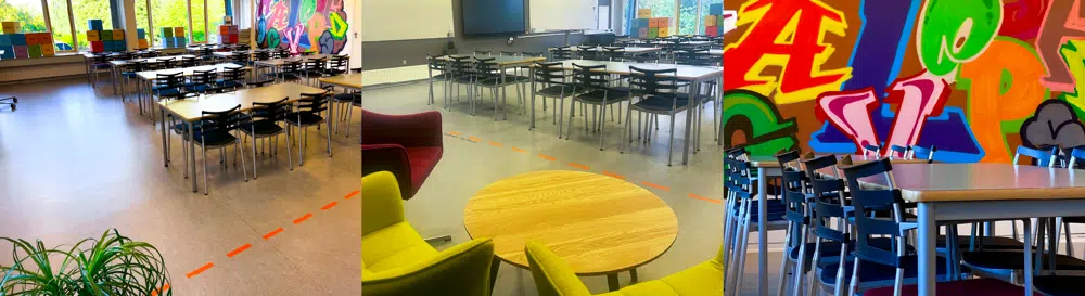 Lokale 1 er indrettet med 8 skriveborde hver med seks siddepladser, cafémiljø med lænestole og borde samt diverse spil til pauser.