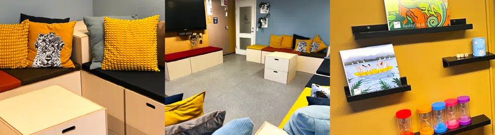 Lokale 5 er indrettet med møbler med puder, der kan flyttes rundt, som man har lyst til at bruge dem. Lokalet har ikke noget mødebord!