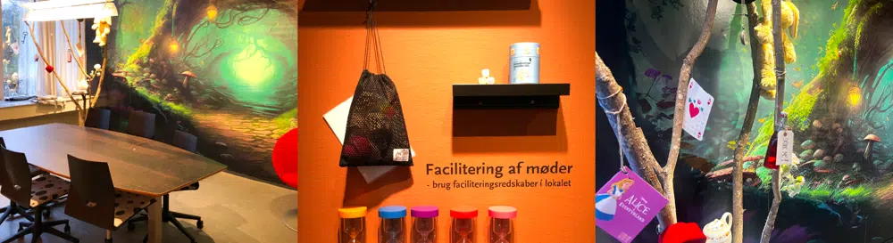 Lokale 6 er indrettet i et Alice i Eventyrland tema med et stort mødebord med plads til seks personer