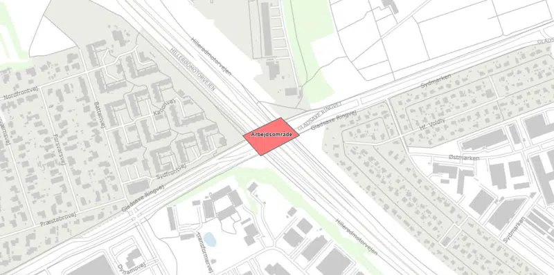Kort med markering af arbejdsområdet i krydset mellem Hillerødmotorvejen og Gladsaxe Ringvej.