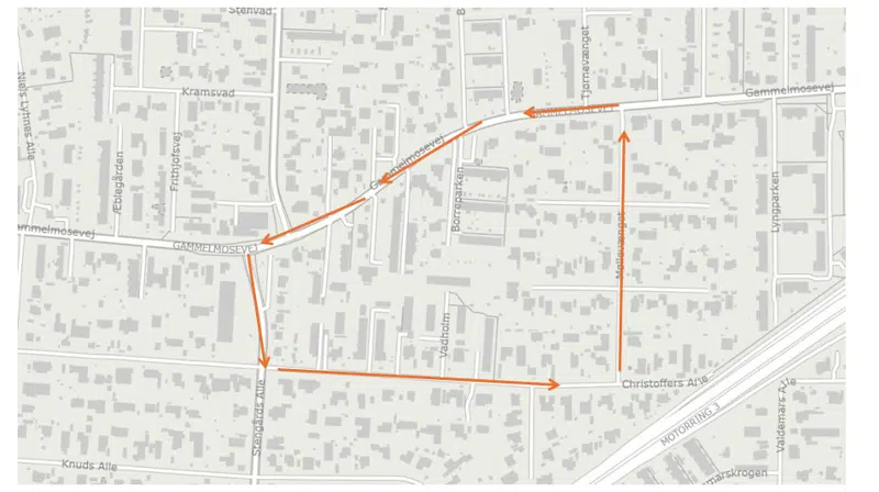 Kortet viser, at trafik i retning af Buddingevej/O3 ledes i perioden ad Stengårds Allé til Christoffers Allé til Møllevænget. 