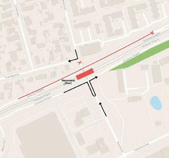 Kort, som viser afspærringen af krydset Gladsaxe Ringvej/Dynamovej/Præstebrovej