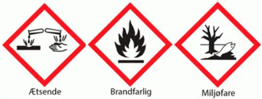 Mærkningerne ætsende, brandfarlig og miljøfare
