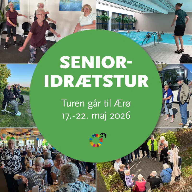 Billeder sidste års senioridrætstur med teksten: Senioridrætstur - turen går til Ærø 14.-22. maj 2026