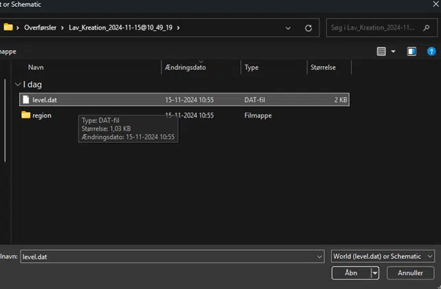 Navigér til mappen med dine udpakkede filer, og vælg level.dat.
