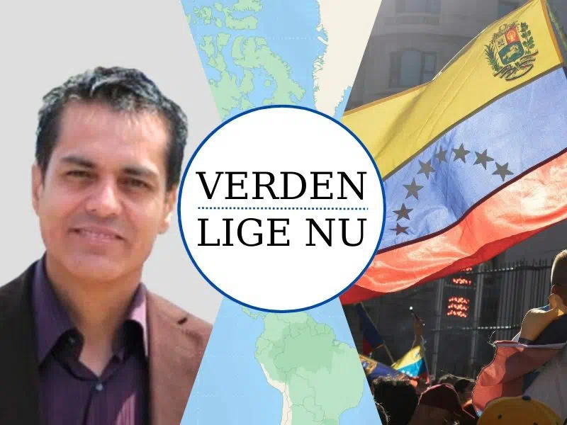 Grafik med teksten 'Verden lige nu' og et foto af foredragsholderen Carlos Salas Lind. 