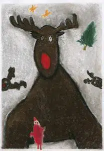 Børnetegning af et rensdyr med rød næse, en nisse og juletræ