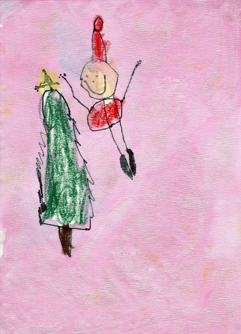 Børnetegning der viser en nisse og et juletræ med stjerne på toppen