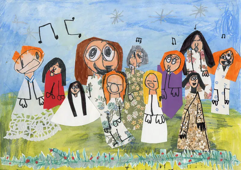 Børnetegning der viser børn der synger