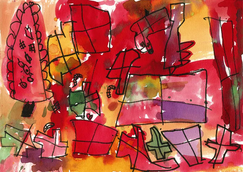 Børnetegning der viser juletræ og julegaver