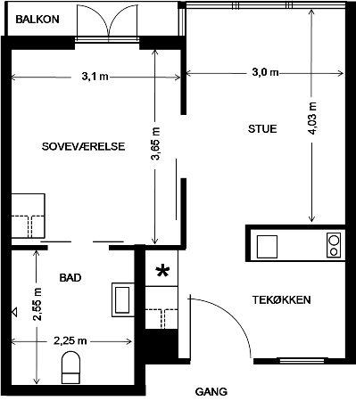 Plantegning unikahuset bolig 1. sal B