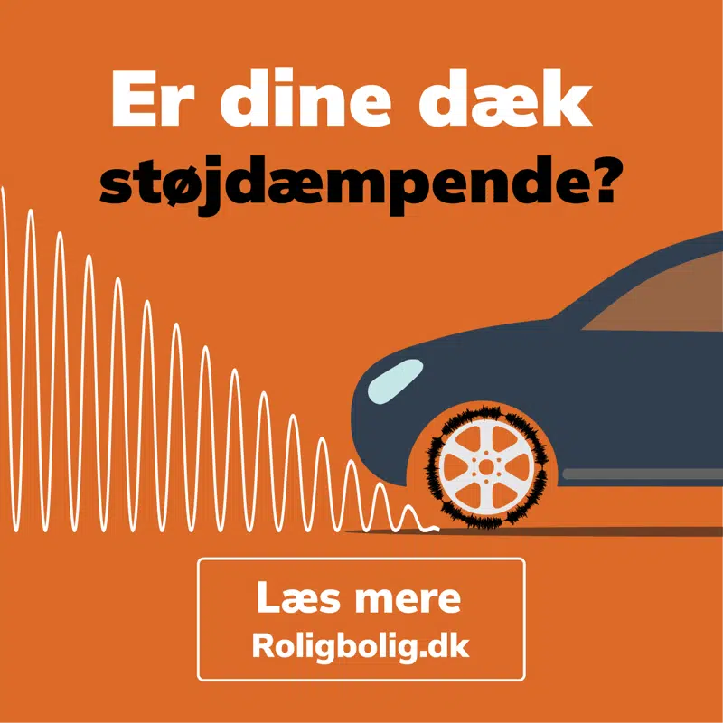 Grafik, som forestiller en bil med dæk, der udsender støjende lydbølger, og teksten: !Er dine dæk støjdæmpende? Læs mere Roligbolig.dk.