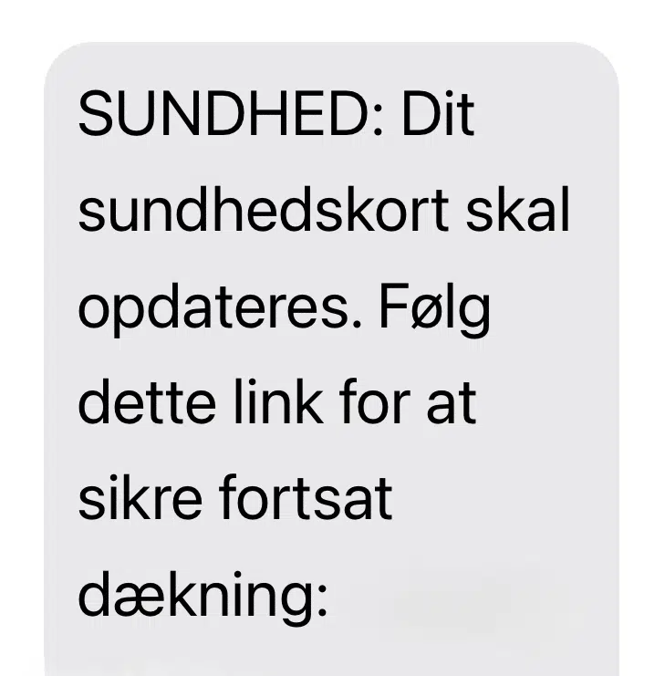 En falsk sms-besked, hvor der står, at dit sundhedskort skal opdateres