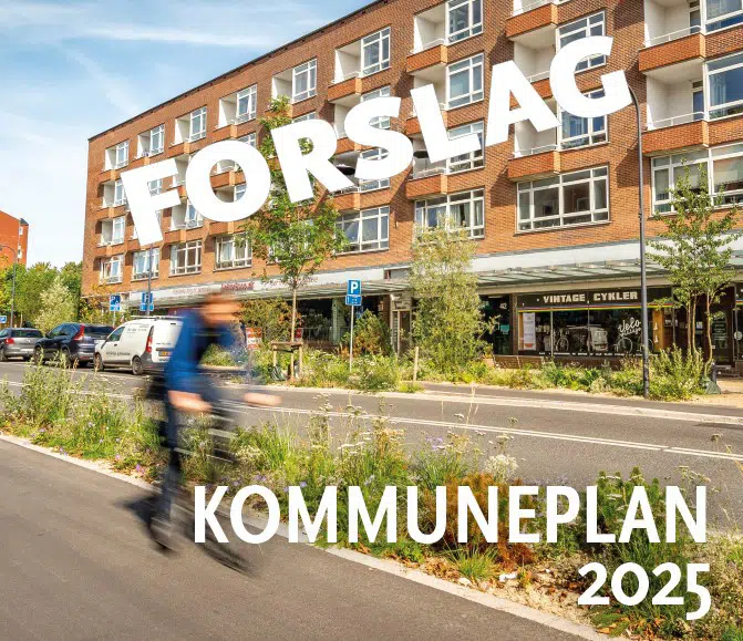 Søborg Hovedgade efter fornyelsesprojektet med teksten 'forslag til kommuneplan 2025'