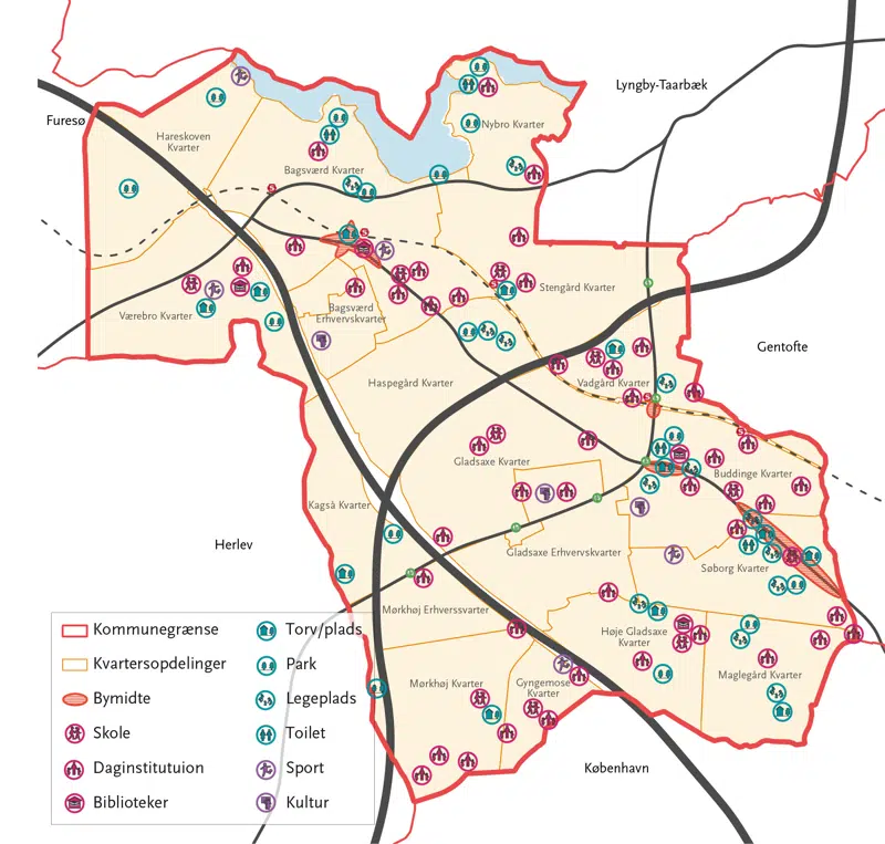 Kort over byens forskellige mødesteder