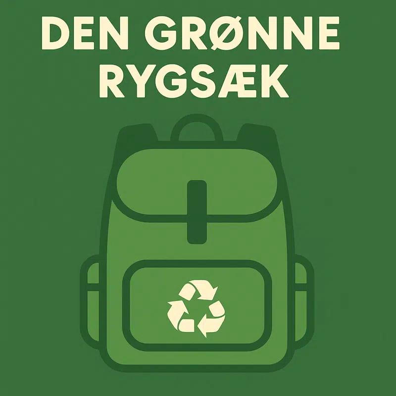 Illustration af rygsæk omgivet af grønne elementer – symbol på bæredygtig undervisning og affaldssortering
