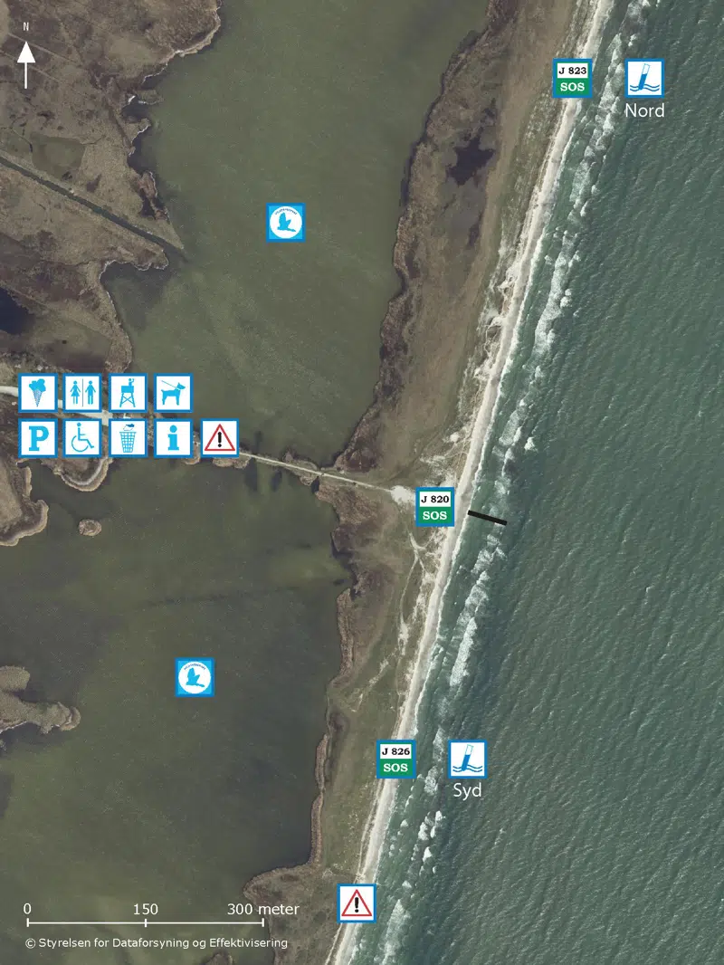 Oversigtskort over Ølsemagle Revle med pictogrammer, der viser hvilke faciliteter der findes og hvor de er placeret