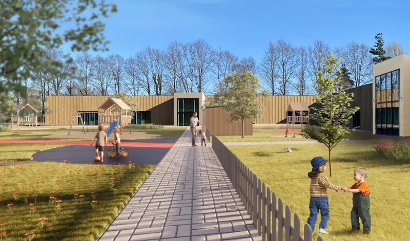 en gruppe børn, der leger i en gård