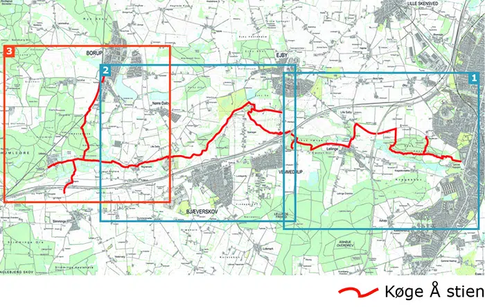 Kort der viser hele Køge Å sti-forløbet med markering af, hvad hver af de 3 foldere dækker