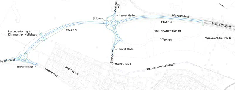 Oversigtskort over Borup Omfartsvej etape 4 og 5, som viser det planlagte vejforløb samt markering af stibroen og rørunderføringen ved Kimmerslev Møllebæk