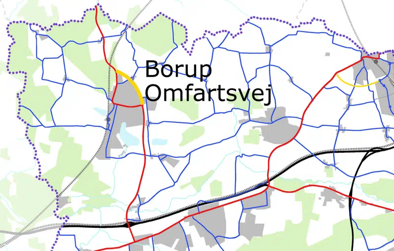 Kort fra Kommuneplan 2017, Transport og infrastruktur der viser arealreservation til Borup Omfartsvej