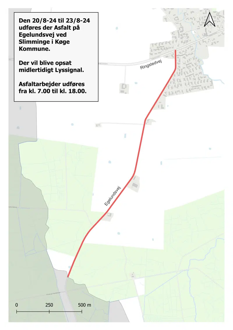 Kortudsnit ove rområde på Egelundsvej, hvor der grundet asfaltarbejde vil være opsat lyssignal
