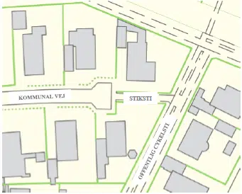 Figur 6. Stikstien er primært til gående færdsel. Lukket kommunal vej med stiksti ud til offentlig cykelsti. Pligten kan i dette tilfælde pålægges de grundejere, der bor op til stikstien.