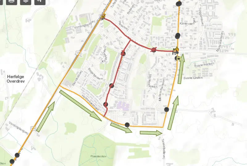 Kortudsnit af omkørsel for bus 241 og bus 102A