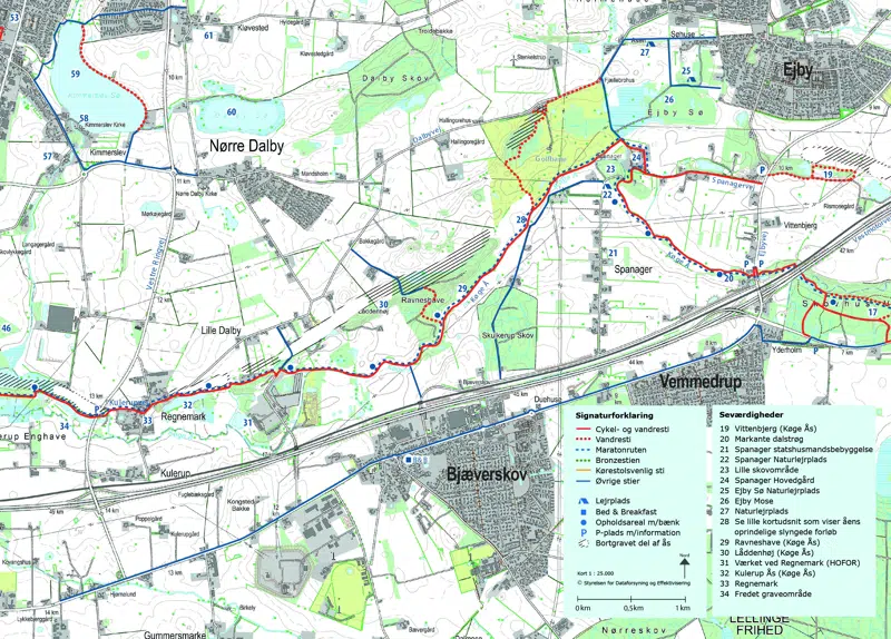 Oversigtskort over Køge Å stien fra Spanager til Regnemark, med markering af steder, overnatningsmuligheder m.m