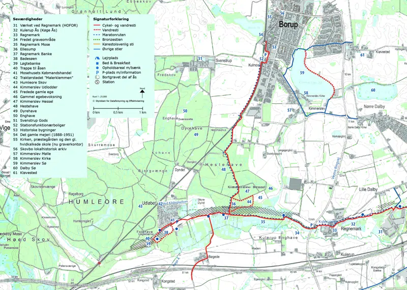Oversigtskort over Køge Å stien fra Regnemark til Borup, med markering af steder, overnatningsmuligheder m.m.