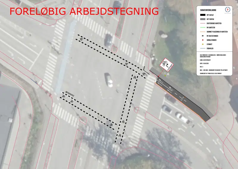 Kortet er en arbejdstegning der viser tiltagene der arbejdes med i krydset Københavnsvej-Stensbjergvej-Nørre Boulevard-RingvejenKortet er en arbejdstegni