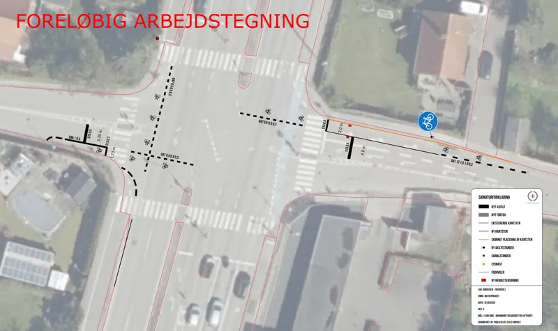 Kortet er en arbejdstegning der viser tiltagene der arbejdes med i krydset Ringvejen-Tøxensvej-Clara Frijsvej