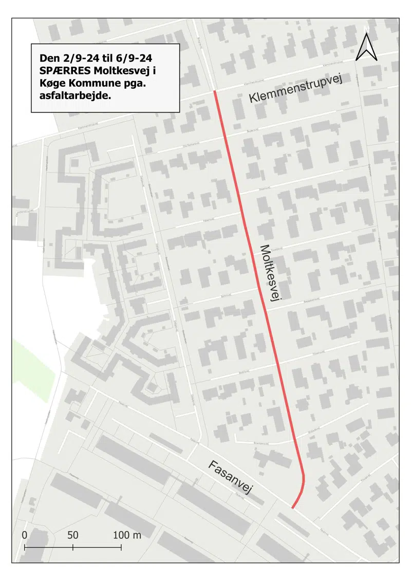 Kortudsnit af afspærret område på Moltkesvej i Køge