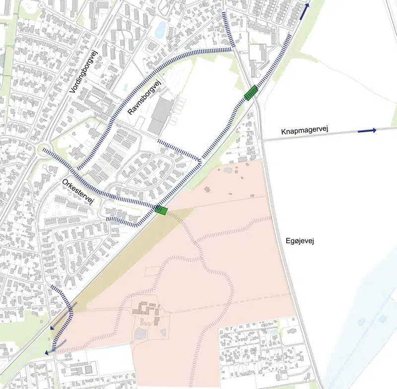 Kort over ruter i Ravnsborg-området, som kommunen har undersøgt