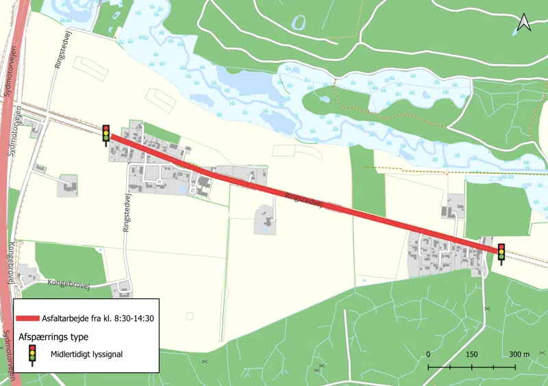 Kortudsnit af markeret område på Ringstedvej med asfaltarbejde