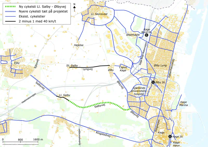 Kort over den kommende cykelsti og forbindelserne til eksist. cykelstier