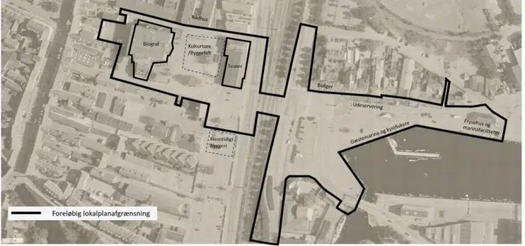 Området ved jernbanen, hvor underføringen skal være, hvor den nuværende lokalplansafgrænsning er angivet.
