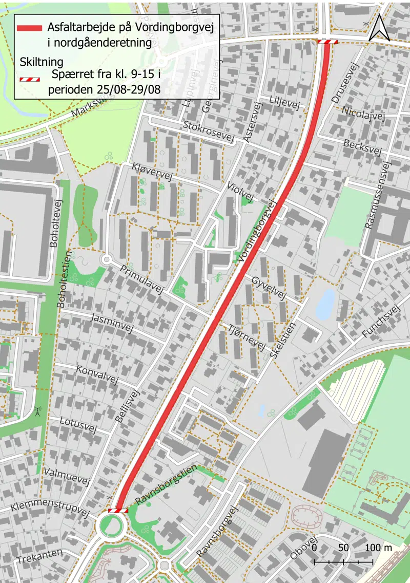 Kortbilag, som viser afspærring på Vordingborgvej i perioden 25/8-29/8