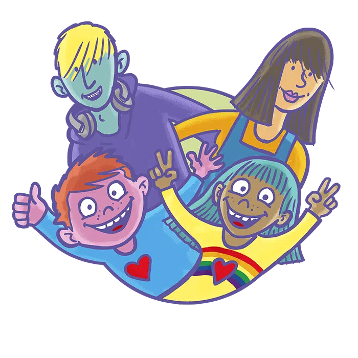 tegning af fire unge mennesker