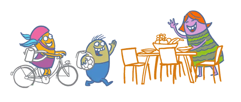 Børn der kommer hjem efter skole, mor står klar med eftermiddagsmad