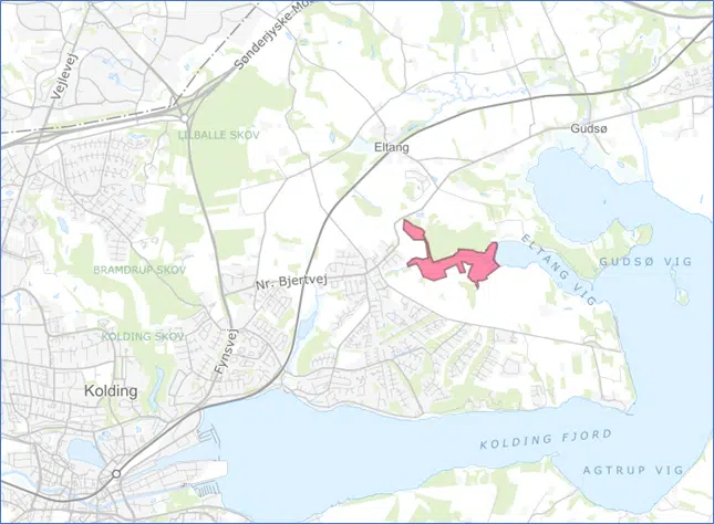 Muligt klimalavbundsprojekt ved Eltang område vist på kort