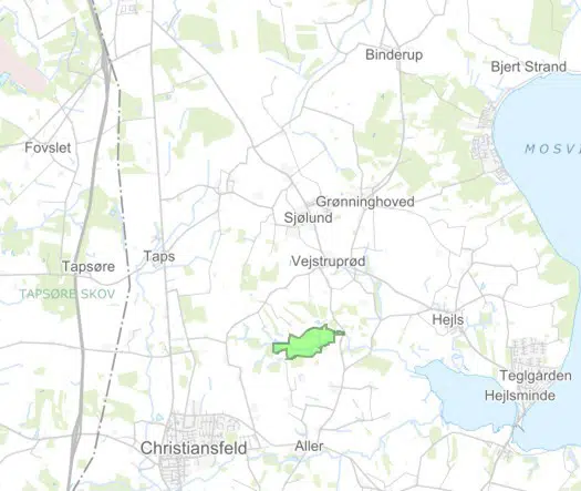 Oversigtskort over det mulige lavbundsprojekt ved Fiskebæk Kær