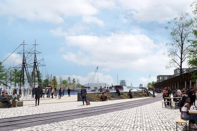 Tegning af havnen fyldt med mennesker og cafeliv. Et ældre træskib ligger ved havnen. I baggrunden anes moderne byggeri, havneindustri og et fragtskib.