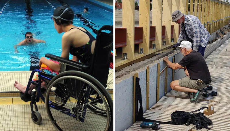 Nogen der svømmer. To der arbejder med at bygge noget