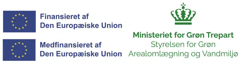 Tre logoer: Finansieret og medfinansieret af EU og logo for Ministeriet for Grøn Trepart