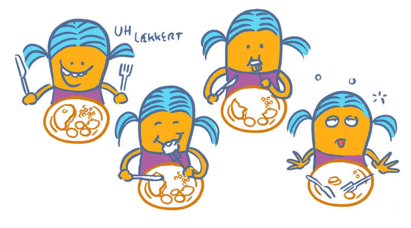 Pige der sidder og spiser. Man ser at hun bliver gradvis mæt