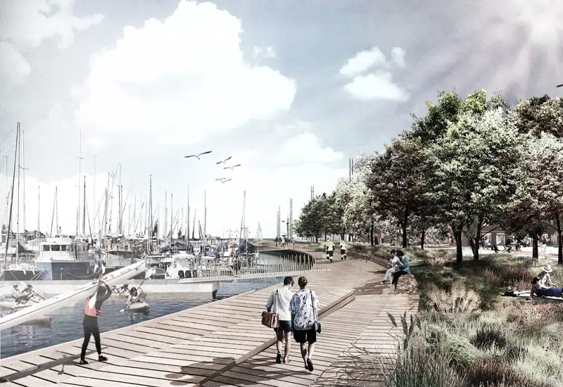 Den nye havnepromenade ved Marina Syd. Illustration SCHØNHERR